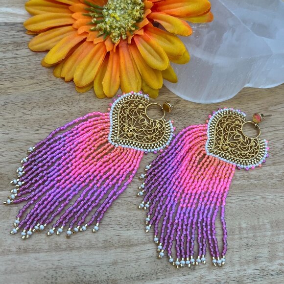 Handmade Beaded Long Fringe Dangle Drop Lightweight Sweetheart Post Earrings - Picture 6 of 10